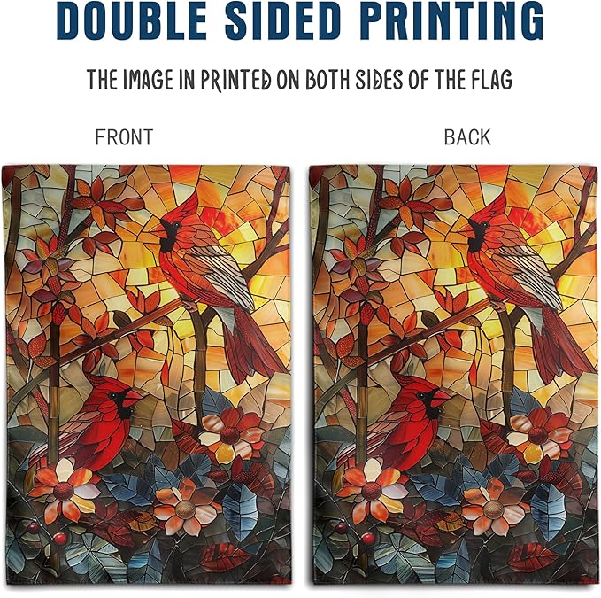 Stained Glass Cardinal Red Birds Garden Flag Spring Summer Yard Flag Fall Floral Decorative Flags for Outside 12x18 Double Sided Small Seasonal Lawn Flags Rustic Outdoor Decor