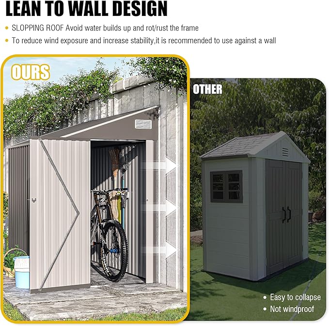 4×8 FT Outdoor Metal Storage Shed,Heavy-Duty Lean to Storage Shed with Lockable Single Side Hinge Door,Waterproof Metal Storage Tool House W/Sloping Roof,Air Vent&Protect Film,for Backyard,Gray