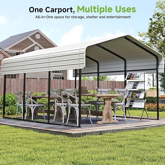 Real Relax 10×15FT Heavy Duty Carport, Metal Car Port Multi-Use Outdoor Storage Cars, Boats, Trucks, Galvanized Metal Roof, Cream White