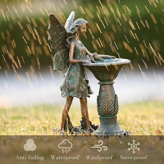 TERESA'S COLLECTIONS Fairy Garden Statues with Solar Outdoor Light for Outdoor Decor, Bronze Fairy Resin Garden Sculptures & Statues Decor, Yard Art for Lawn Housewarming Gifts for Mom 9.4"