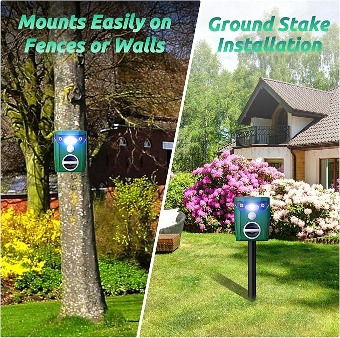 2 Pack Solar-Powered Ultrasonic Animal Repellent Outdoor, Deer Repellent Devices with Motion Sensor, Waterproof Deer, Cat, Raccoon, Coyote, Rabbit Deterrent for Yard, Garden, Farm