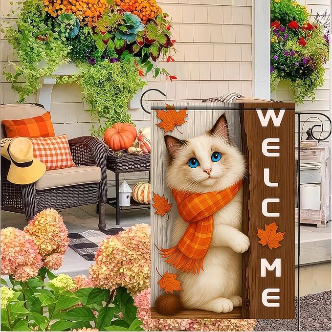 Thanksgiving Fall Garden Flag 12x18 Inch Welcome Blue Eyed Cat Outdoor Flag Double Sided Autumn Kitten Yard Banner with Orange Scarf Pet Decor for Porch Lawn Patio