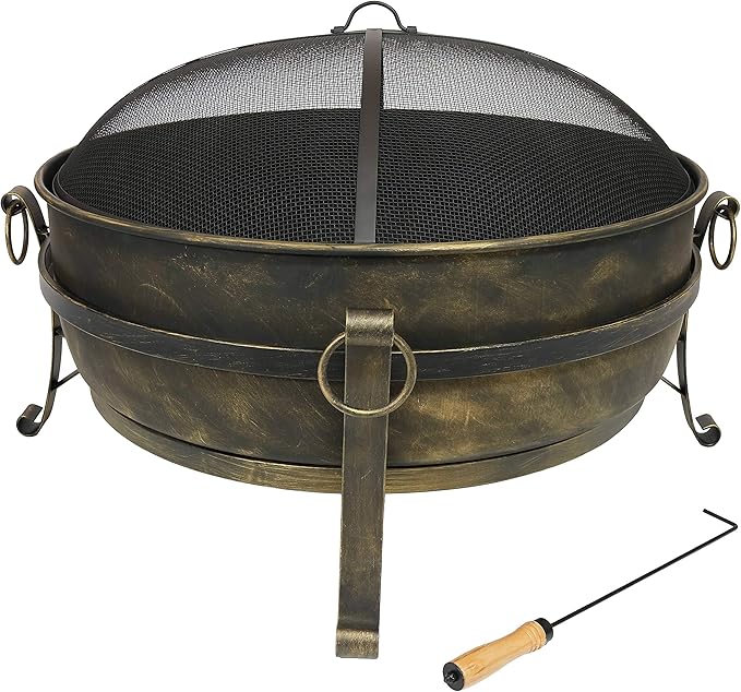 Sunnydaze 34-Inch Large Fire Pit for Outside - Wood-Burning Fire Pit Bowl for Outdoors with Spark Screen, Log Poker, and Grate