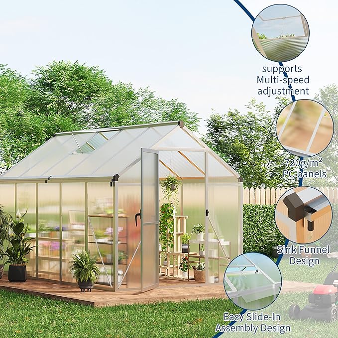 6x10 FT Greenhouse for Outdoors, Polycarbonate Greenhouse with Roof Vent, Ground Nails, Lockable Push Door, Aluminum Large Walk-in Green House for Outside Garden Backyard, Patio, Lawn, Silver