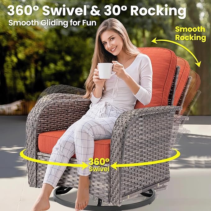 ovios 7 Pieces Patio Furniture Set, Outdoor Wicker Sofa Couch with Rocking Swivel Chairs Fire Pit Table, Modern Deep Seat Rattan Conversation Sets for Porch Deck, Grey