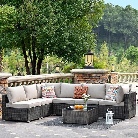 HOOOWOOO 7 Piece Patio Sectional Furniture Set,Modern Wicker Outdoor Conversation Sofa Sets,Weather Resistant Modular L Shaped Outside Couch Table Set(Beige)
