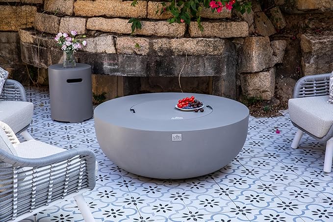 AMS Creations | Eclipse 44" Bundle Round Cast Concrete Natural Gas Fire Pit Bowl Table | Light Gray | Smooth Texture Surface | Electronic Ignition | Outdoor Patio Heater Outside Backyard Fireplace