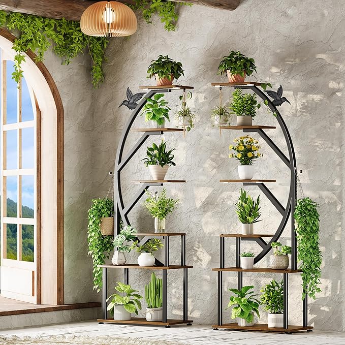 Plant Stand Indoor with Grow Lights, 62" Metal Plant Stand for Indoor Plants, 6 Tiered Tall Plant Shelf with Magnetic Cable Organizers and Decorative Bird, 2 Pcs Plant Holder for Patio, Living Room