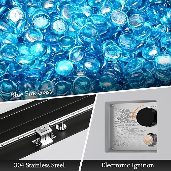 UPHA 56-inch Outdoor Propane Gas Fire Pit Table 50000 BTU Iron Rectangle Firepit for Outside Patio with Tank Hidden Table, Removable Lid, Blue Glass Rocks, Rain Cover, White