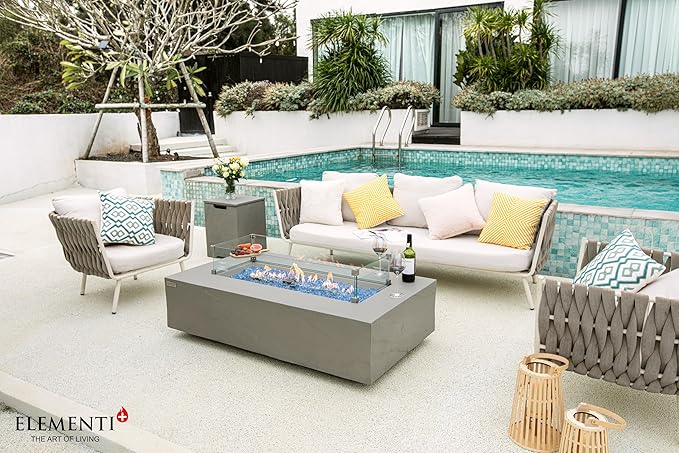 Elementi+ | Meteora Gas Fire Pit Cast Concrete 56" Rectangular Fire Table, Outdoor Fire Pit Electronic Ignition | Canvas Cover, Fire Glass and Burner Lid Included | Light Gray | Propane Gas