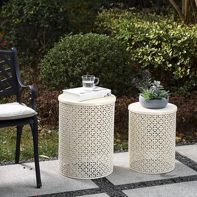 Glitzhome Outdoor Side Table Set of 2, Decorative Garden Stool for Indoor Outdoor Heavy Duty Metal Frame Accent Table Modern End Table, Cream White