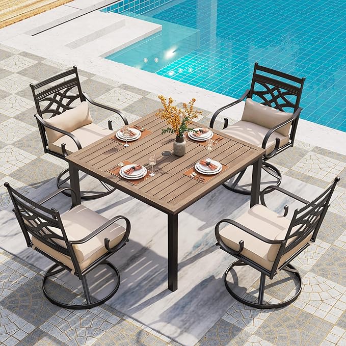 PHI VILLA 5 Pcs Patio Dining Set, Table Chair Set for 4 With Swivel Chairs and Metal Frame Steel Square Table, Outdoor Furniture With Cushion and Pillow for Garden Lawn Deck