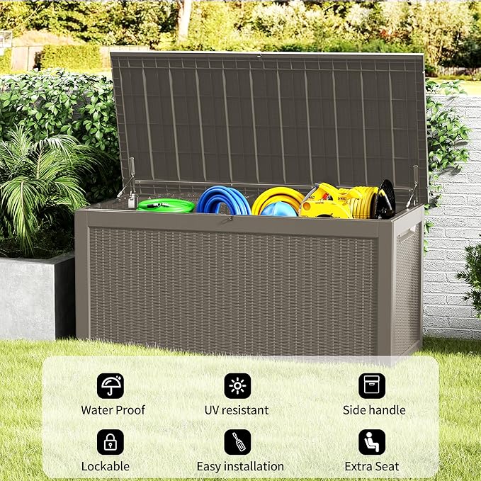 320 Gallon Deck Box, Resin Outdoor Indoor Waterproof Storage Box, Lockable Storage Box With Handle for Patio Furniture - Garden Tools - Swimming Pool Tools UV-Resistant, Brown
