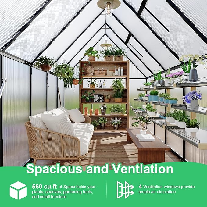 Aluminum Polycarbonate Greenhouse for Outdoors, Large Walk-InGreenhouse With Quick Setup Structure and Roof Vent, Greenhouse With Ventilation