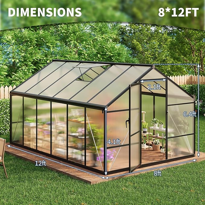 8x12 FT Greenhouse for Outdoors, Polycarbonate Greenhouse with Roof Vent, Ground Nails, Lockable Push Door, Aluminum Large Walk-in Green House for Outside Garden Backyard, Patio, Lawn, Black