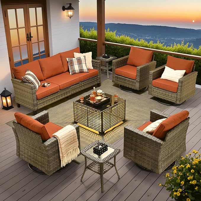 ovios 8 Pieces Patio Furniture Set with Swivel Chairs Rocking Gliders, Outdoor Sofa Couch with Solar Lights Table Comfy Cushions, Modern Deep Seat Wicker Rattan Conversation Set, Orange Red