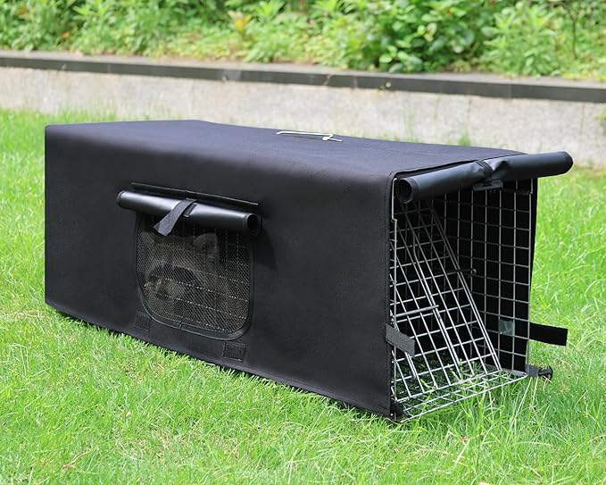 Live Animal Trap Cage Cover with Window, Large Feral Cat Trap Covers for 1-Door Humane Animal Rescue Cage 32" x 10" x 12" - (Black)