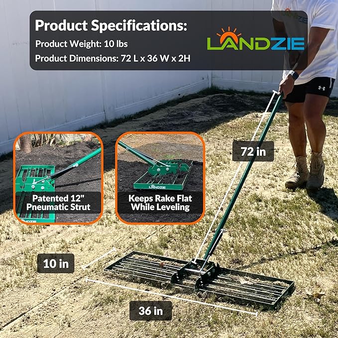 Landzie AeroLeveler - The Lawn Leveling Rake That Never Flips - Patented 36 inch Wide Pneumatic Lawn Level for Yard, Dirt, Soil, Sand, Provides Stability and Control Without Flipping Over