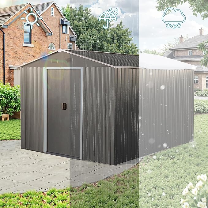 Sheds & Outdoor Storage 8ft x 10ft Metal Storage Shed with Metal Foundation, Gloves, Anchors, Tools Garden Tool Storage Cabinet with Secure Sliding Doors with Padlock for Backyard, Patio, Gray