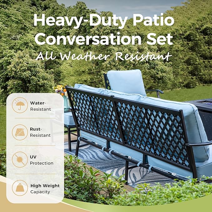 Patio Furniture Set with Firepit Table, 4 Pcs Metal Outdoor Conversation Set, 2 Swivel Chairs and 3 Seater Sofa with 5.75" Extra Thick Cushion and Gas Fire Pit Table for Backyard Deck, Blue