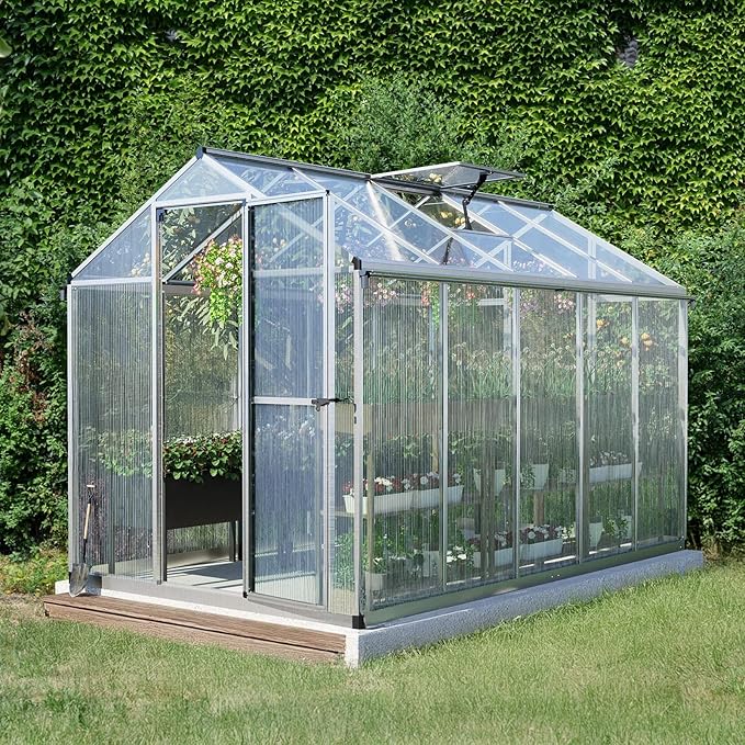 Aoodor 6 x 10 Ft Walk-in Greenhouse with Gutter, Polycarbonate and Heavy-Duty Aluminum Frame, Adjustment Skylight and Lockable 2-Sided Door for Patio, Outdoor, Yard, Lawn Use, Silver