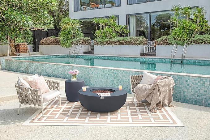 AMS Creations | Eclipse 44" Bundle Round Cast Concrete Natural Gas Fire Pit Bowl Table | Dark Gray | Smooth Texture Surface | Electronic Ignition | Outdoor Patio Heater Outside Backyard Fireplace