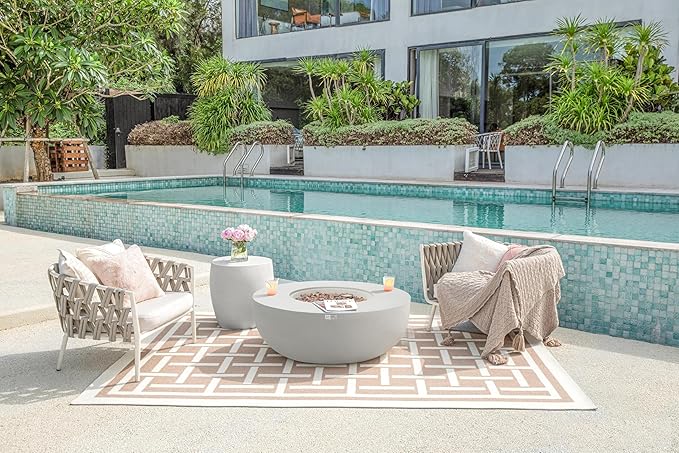 AMS Creations | Eclipse 44" Round Cast Concrete Natural Gas Fire Pit Bowl Table | Light Gray | Smooth Texture Surface | Electronic Ignition | Outdoor Patio Heater Outside Backyard Fireplace