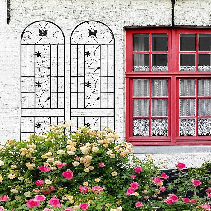 2 Pack Metal Garden Trellis for Climbing Plant Rose Stand, Black Outdoor 86.7" Tall Flower Support Iron Garden Fence (Black 86.7" H,2Pack)