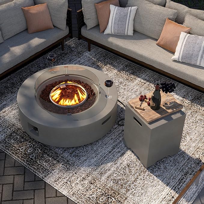 SUNBURY Outdoor Propane Fire Pit, Circular Gray Patio Fire Table 50,000 BTU w 20 Gallon Tank Cover, Glass Wind Guard, Waterproof Cover