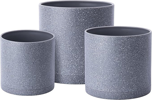 D'vine Dev 6.5 Inch 8 Inch 10 Inch, Set of 3 Plastic Planter Pots for Plants with Drainage Hole and Seamless Saucer, Speckled Gray Color, Large, 74-V-G-4