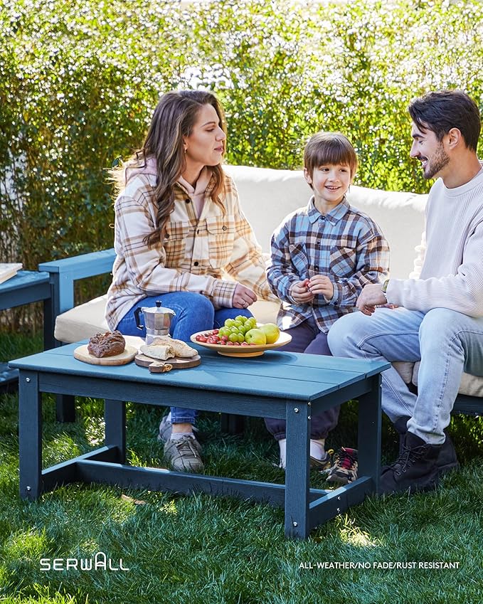 SERWALL HDPE Patio Furniture Set, 7-Piece Outdoor Sectional Sofa Set, All Weather Outdoor Couch Set for Deck, Lawn, Blue Frame with Khaki Cushion