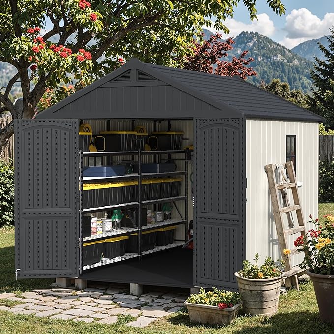 Devoko 8 x 10 FT Plastic Outdoor Storage Shed with Floor, Garden Resin Shed Tool Shed with DIY Window and Lockable Door, Beige Kick-it Shed for Patio, Backyard, Lawn