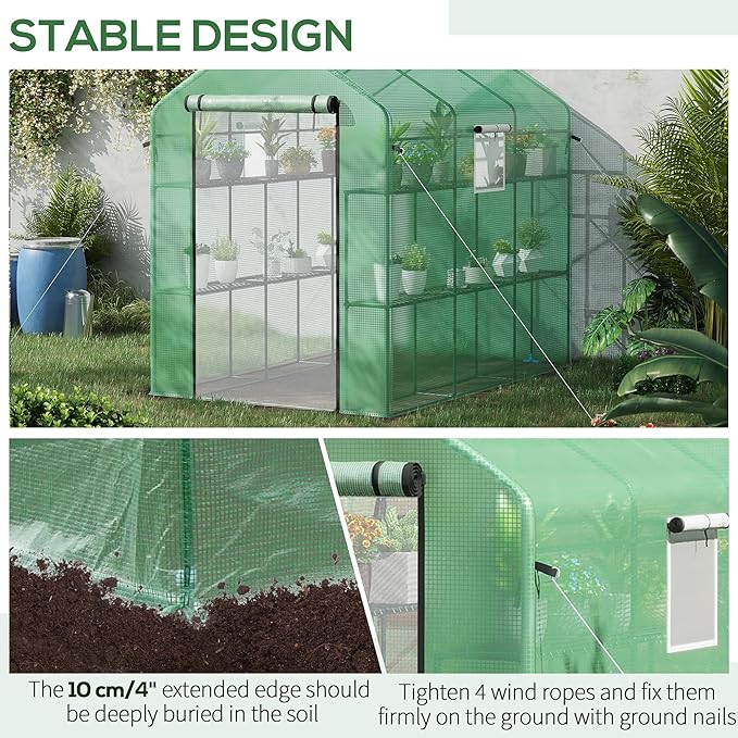 Outsunny 7' x 5' x 6' Walk-in Greenhouse for Outdoors with Mesh Door and Windows, 18 Shelf Hot House with Trellis, Plant Labels, UV Protective for Growing Flowers, Herbs, Vegetables, Saplings, Green