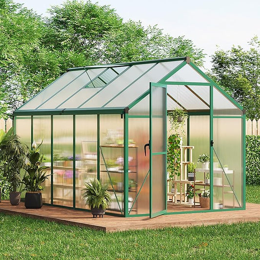 6 x 10 FT Greenhouse, Greenhouses for Outside, Polycarbonate Greenhouse with Aluminum Frame, Lockable Door and Ajustable Roof Vent for Backyard, Green Houses for Outside Garden Backyard, Patio