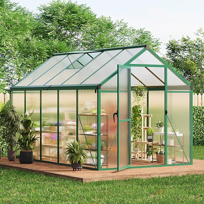 6x10 FT Greenhouse, Easy Assembly Aluminum Polycarbonate Greenhouses for Outdoors with Roof Vent and Ground Nails, Heavy Duty Aluminum Walk-in Greenhouse for Backyard, Sliding Lockable Door, Green