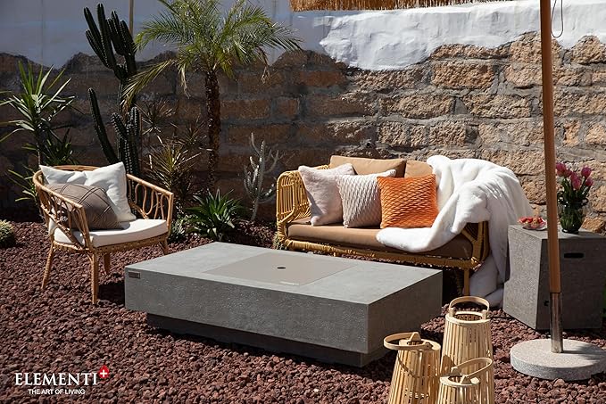 Elementi+ | Bundle Monte Carlo Gas Fire Pit Cast Concrete 60" Rectangular Fire Table | Electronic Ignition | Canvas Cover, Fire Glass and Burner Lid Included | Light Gray | Propane Gas