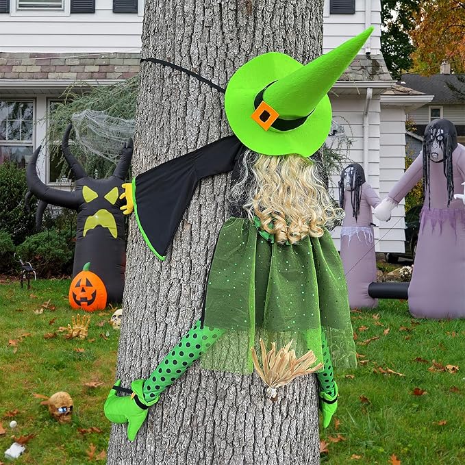 53" Halloween Crashing Witch Decoration – Green Flying Witch Tree Prop for Yard, Porch, Patio, Lawn – Funny Outdoor Halloween Decor for Garden, Fence, and Door