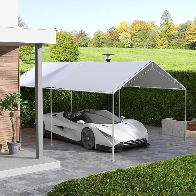 Outsunny 10' x 20' Carport Replacement Top Canopy Cover, UV Resistant and Water Resistant Car Port Portable Garage Tent Cover with Ball Bungee Cords, White, Only Cover