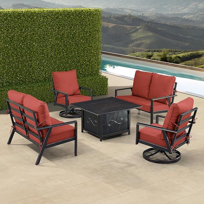 Oakland Living Black Aluminum Patio Fire Table Set with Two Deep Seating Loveseat with Cushions and Two Club Chairs with Red Cushions