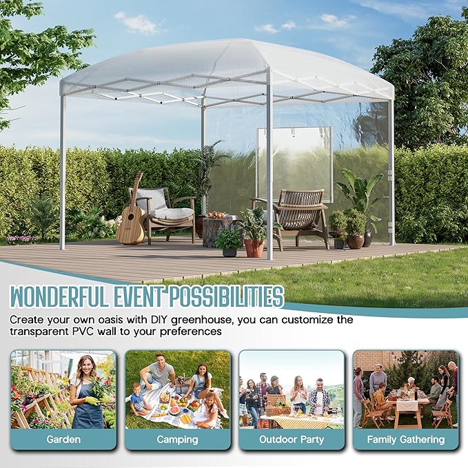 Specraft 10×10×8.5 FT Outdoors Pop-up Greenhouses with Adjustable Reinforced Frame, Portable Walk in Greenhouse with 2 Roll-up Zipper Door, Mesh Windows, PE Cover, White