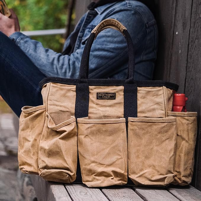 14" Waxed Canvas Supply Bag/Garden Tool Tote/Cleaning Organizer/Mobile Bar/Versatile Storage Tote With Pockets/Utility Bag with Heavy Duty Handles