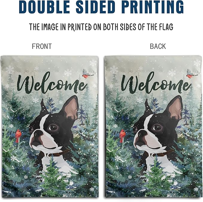 Welcome Winter Garden Flags Boston Terrier Garden Flag Cardinal Birds on Snowy Pine Tree Flag Dog Yard Flags for Outside 12x18 Double Sided Christmas Decorative Lawn Flags