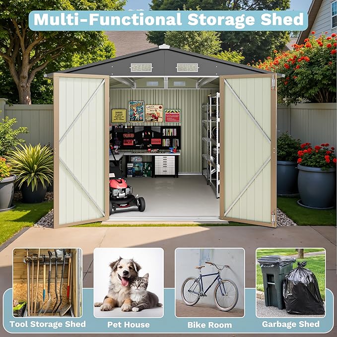 Greesum 8x10FT Outdoor Storage Shed, Metal Storaged Sheds with Lockable Doors, Sheds & Outdoor Storage for Bike, Backyard, Pool and Garden, Brown