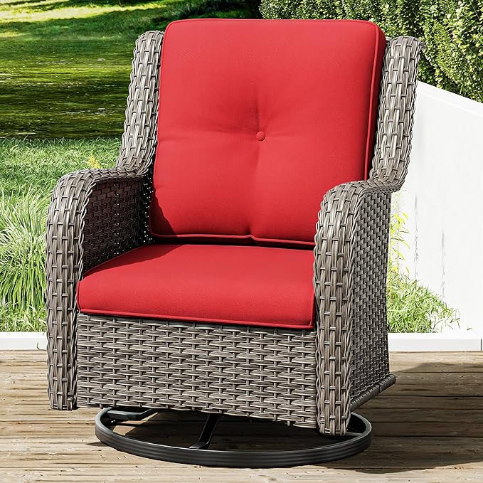 Joyside Outdoor Swivel Rocker Patio Chair - Outdoor Wicker Glider Rocking Chair with Olefin Fabric Cushions Suitable for Porch Deck and Backyard(Mixed Grey/Red)