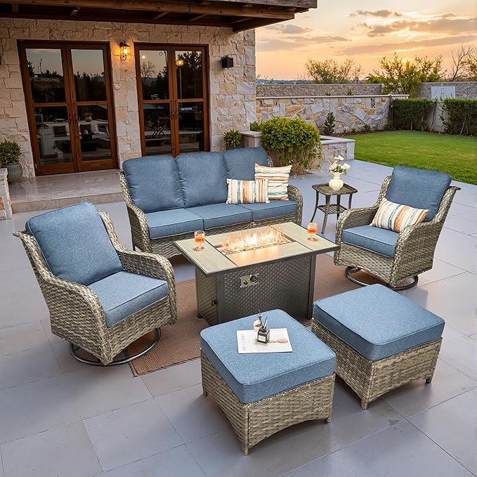 ovios 7 Pieces Patio Furniture Set, Outdoor Wicker Sofa Couch with Swivel Chairs 42" Fire Pit Table, All Weather High Back Modern Conversation Sets, Grey Rattan, Denim Blue