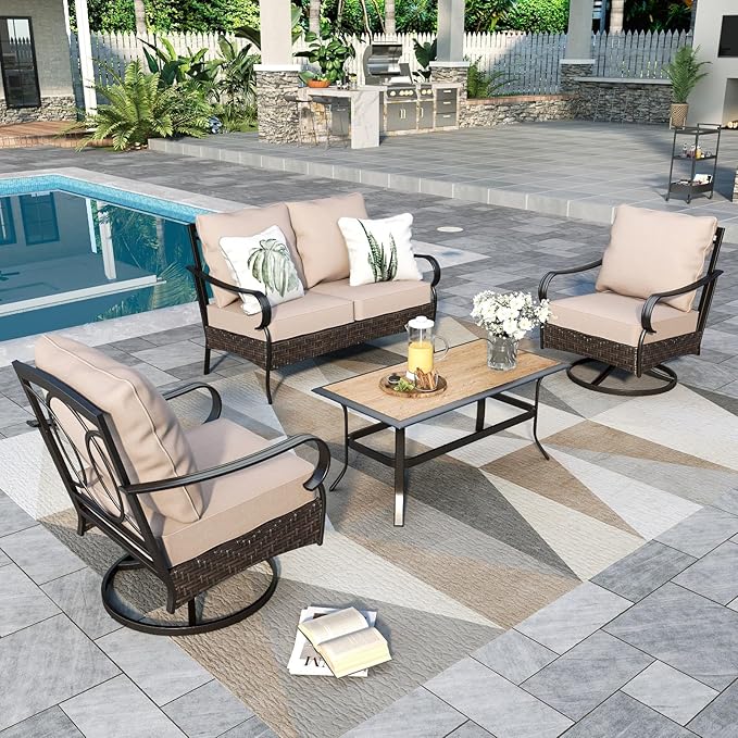 Sophia & William Metal Patio Furniture Set, 4 Seats Outdoor Conversation Set with Loveseat Sofa, 2 Swivel Chairs, 1 Coffee Table for Seating Lawn Porch Backyard, Beige