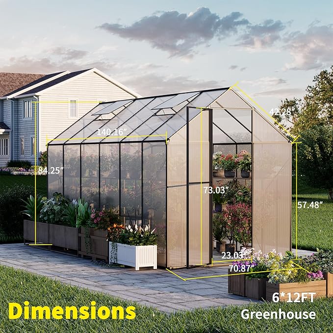 Kingdura 6x12ft Walk-in Greenhouse for Outdoors, Large Polycarbonate Greenhouses with Heavy Duty Aluminum Frame, Adjustable Roof Vent, Lockable Door, UV Protection for Outside Garden Backyard