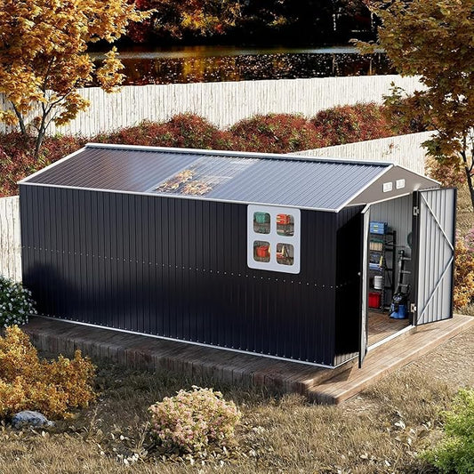 Restland 10x16 FT Outdoor Storage Shed with Floor Base Frame Reinforced Metal Shed with Clear Roof, Air Vent & Lockable Door Large Garden Tool Storage Sheds for Backyard, Garden, Lawn