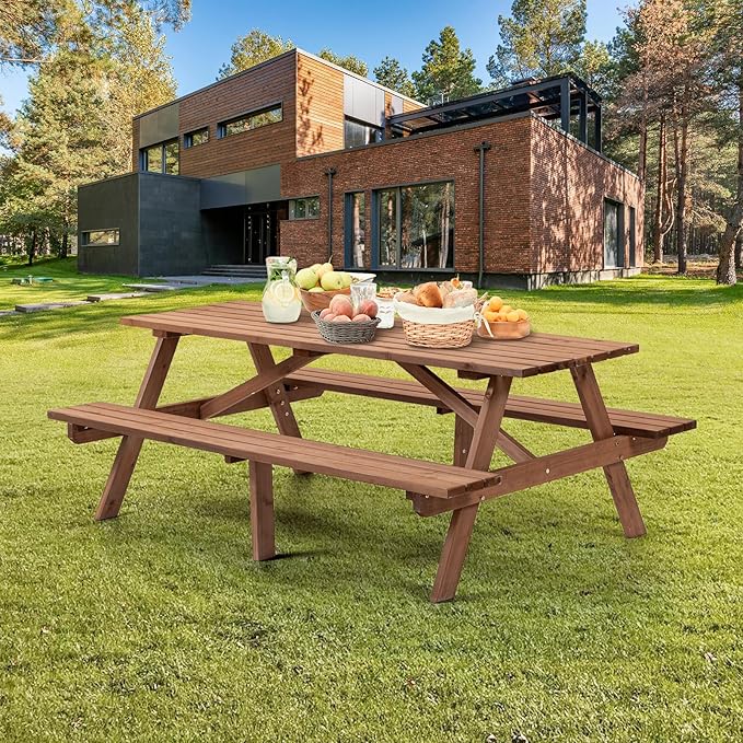 Outdoor Wooden Picnic Table with Benches and Umbrella Hole, Rustic Style Lifetime Picnic Table Bench Set for 6 or 8 Person for Backyard, Porch, Patio, and Deck, Brown