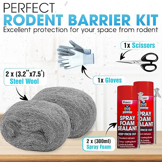 [Upgraded] Rodent Barrier Kit, 2Pcs Steel Wool Included 2Pcs PU Spray Foam for Mice Control, 3.2"x7.5’ Rodent Control Fill Fabric, Gloves, Scissors, Gap Blocker in Hole Pipeline Vent in House, Garage